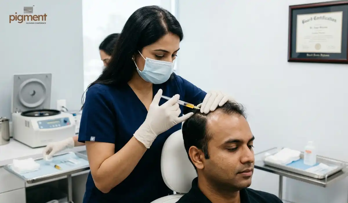 Dermatologist performing PRP advanced hair fall treatment in Bangalore clinic.