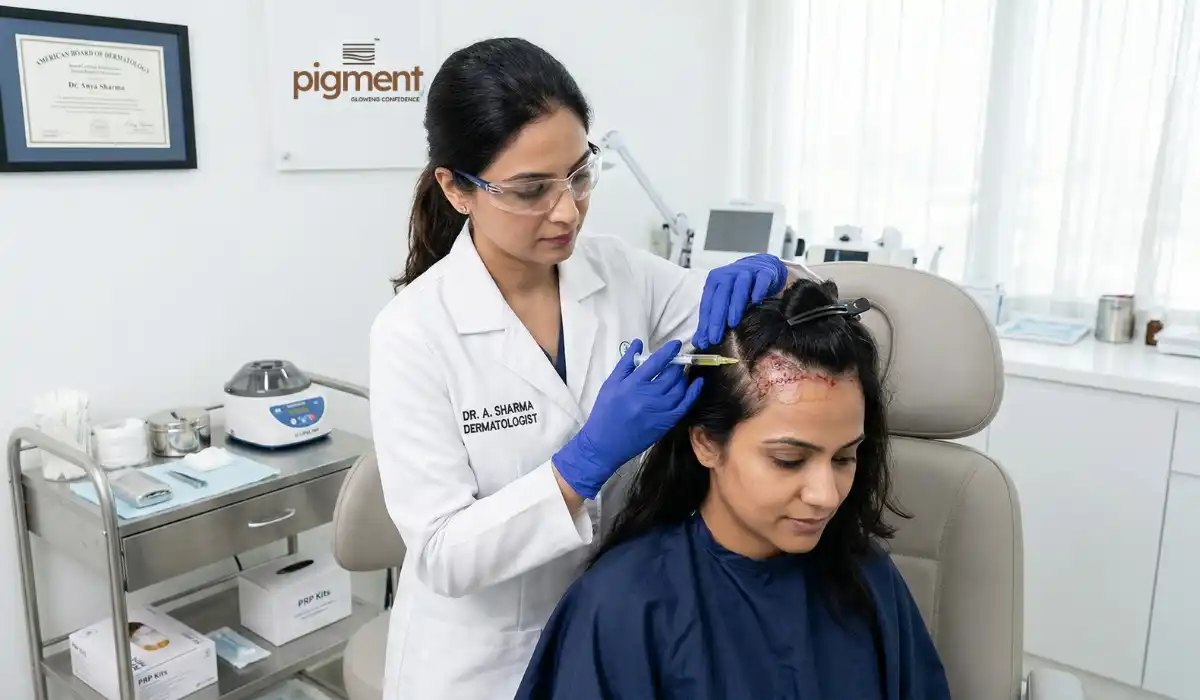 Dermatologist performing PRP therapy for postpartum hair loss treatment in Bangalore.
