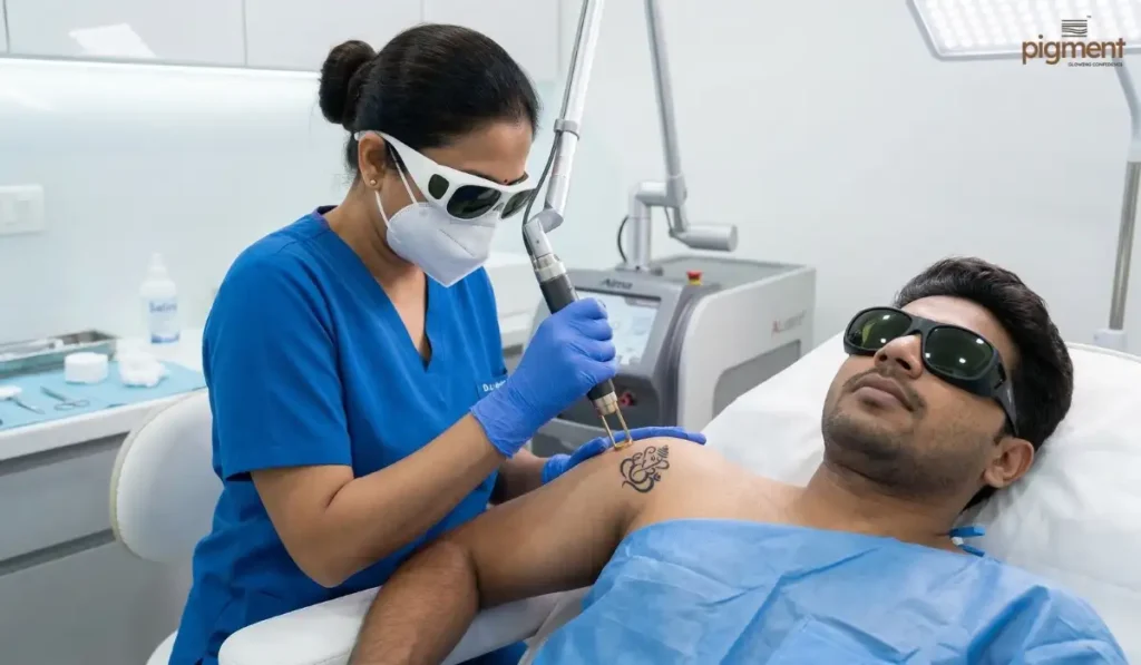 Dermatologist using a medical-grade Q-Switch Nd:YAG laser to safely remove a shoulder tattoo.