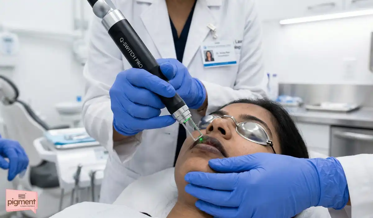 Q-Switch laser treatment for dark lips being performed by a dermatologist.