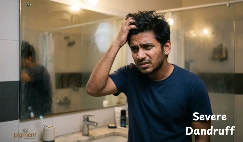 A frustrated young Indian man scratching his itchy scalp due to severe dandruff.