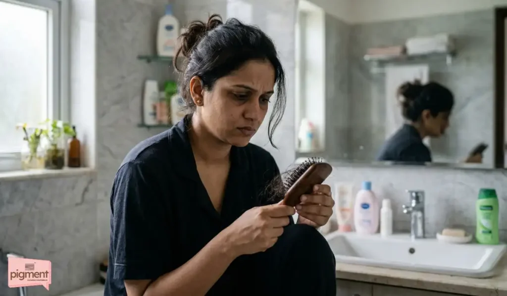Indian mother holding a hairbrush experiencing severe postpartum hair loss.