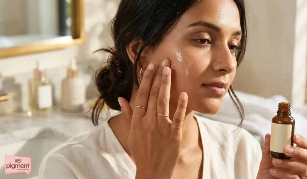 Indian woman applying a Vitamin C serum to her cheek to maintain her pre-wedding skincare routine.