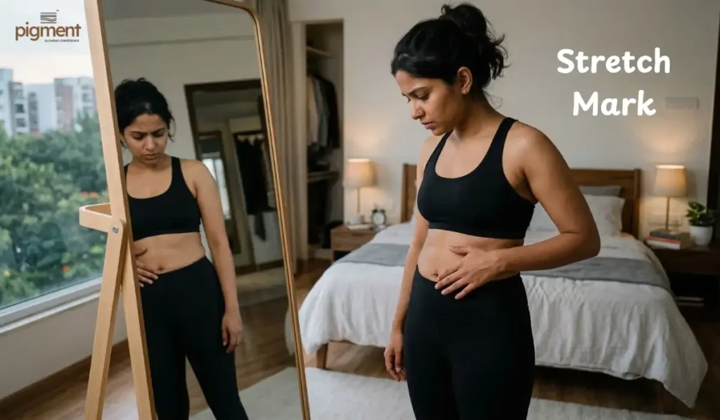 A young Indian woman looking at stretch marks on her abdomen with a frustrated expression.