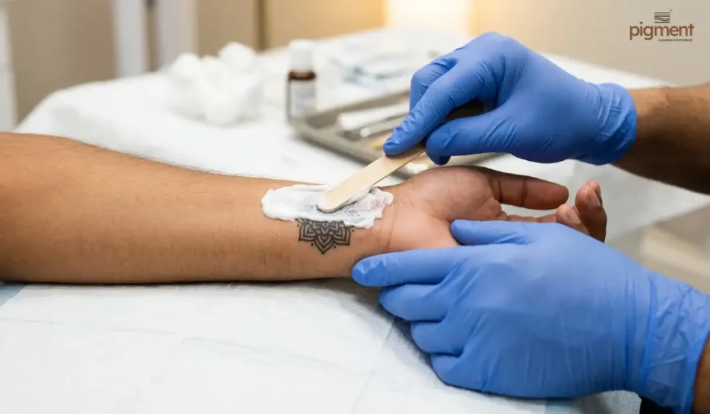 A medical professional applying topical numbing cream to a wrist tattoo before laser removal to ensure a comfortable session.