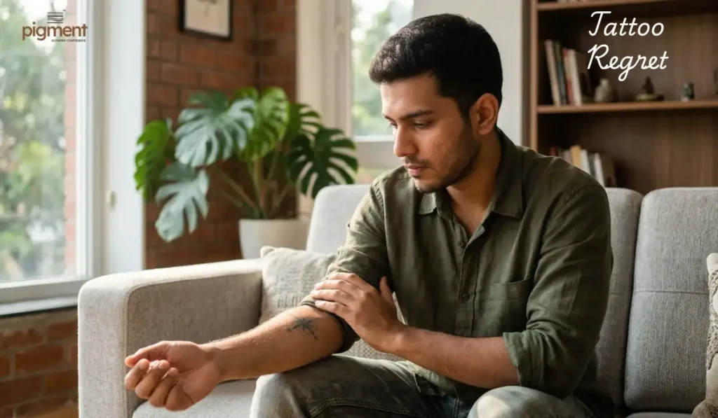 A young Indian man looking thoughtfully at a faded arm tattoo he wants to remove.