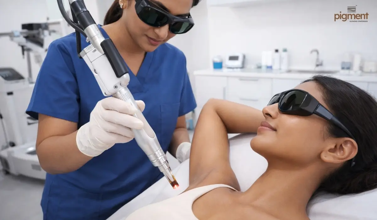 Qualified dermatologist performing Q-Switch laser treatment on an Indian patient's underarm for pigmentation removal in a professional clinic.
