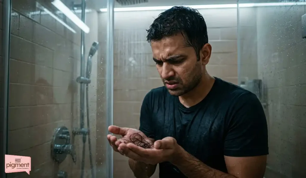 Stressed Indian man experiencing severe hair fall in Bangalore shower.